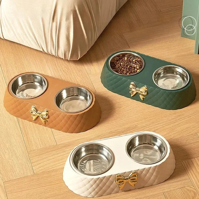 Bowtie Design Double Dog Bowl