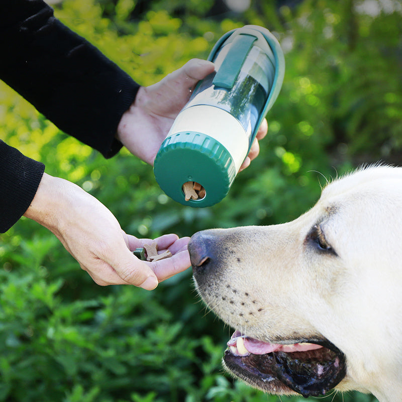 Wonderful 2-in-1 portable silicone water bottle with food dispenser. - Best Canine Bargains